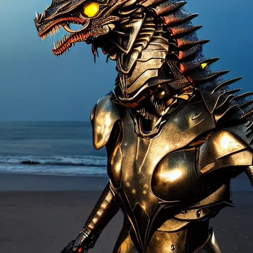 Image similar to chest up shot, realistic detailed stunning beautiful armored humanoid robot anthropomorphic female dragon, looking to the side with an elegant pose of hand on hip, smooth and streamlined armor and design made of steel, sharp claws and sharp teeth, high quality head, Slick LEDs, standing on two legs, on the beach during sunset, high quality, cinematic art, sci fi, sunset lighting, 3D render, 8k, artstation, deviantart, furaffinity