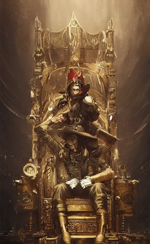 Image similar to « beautiful comic style painting of steampunk king on the throne by greg rutkowski, very detailed »