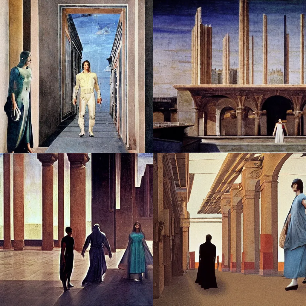Prompt: a scene from the movie la felicita ( 1 9 7 1 ) by luchino visconti with mastroianni and claudia cardinale walking in a scifi cyberpunk futurist city in the style of the ideal city by piero della francesca, technicolor, cinematic, 5 0 mm, highly detailed