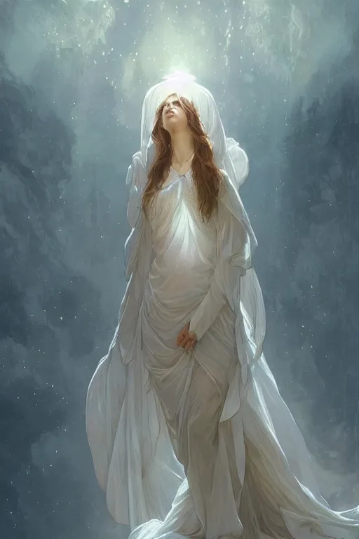 Image similar to Angels in white gauze dresses, the glow of the moonlight, fantasy, intricate, elegant, highly detailed, digital painting, artstation, concept art, matte, sharp focus, illustration, art by Artgerm and Greg Rutkowski and Alphonse Mucha