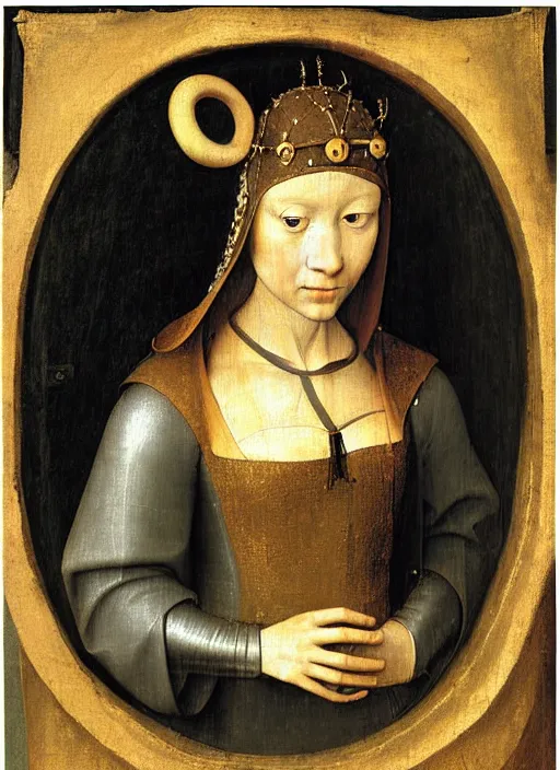 Image similar to portrait of young woman in renaissance dress and renaissance headdress, art by hieronymus bosch