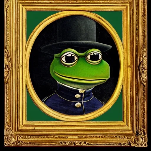 Image similar to pepe the frog as 1 9 th century prussian soldier, elegant portrait by sandro botticelli, detailed, symmetrical, intricate