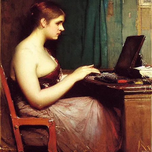 Prompt: painting of a woman contemplating a computer by john - joseph benjamin - constant