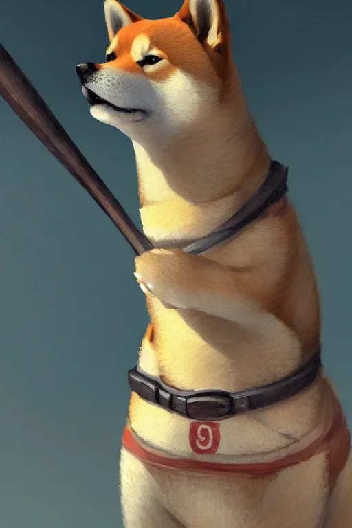 Prompt: close up portrait of shiba inu holding a baseball stick in it's hand, extremely detailed digital painting, in the style of fenghua zhong and ruan jia and jeremy lipking and peter mohrbacher, mystical colors, rim light, beautiful lighting, 8 k, stunning scene, raytracing, octane, trending on artstation