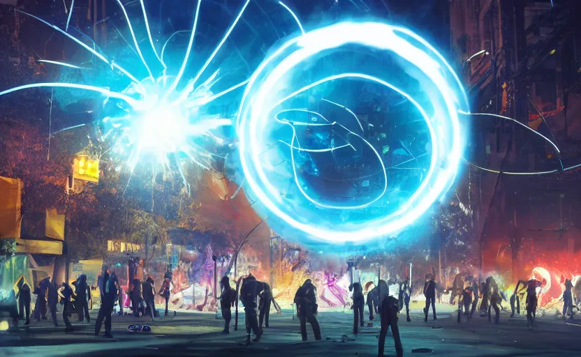 Image similar to crowd of crazy people with posters attacking cops in front a huge blue spiral - shaped bright white luminous attractor that is floating and stores in los angeles with light screens all over the street, concept art, art for the game, professional lighting, night lighting from streetlights