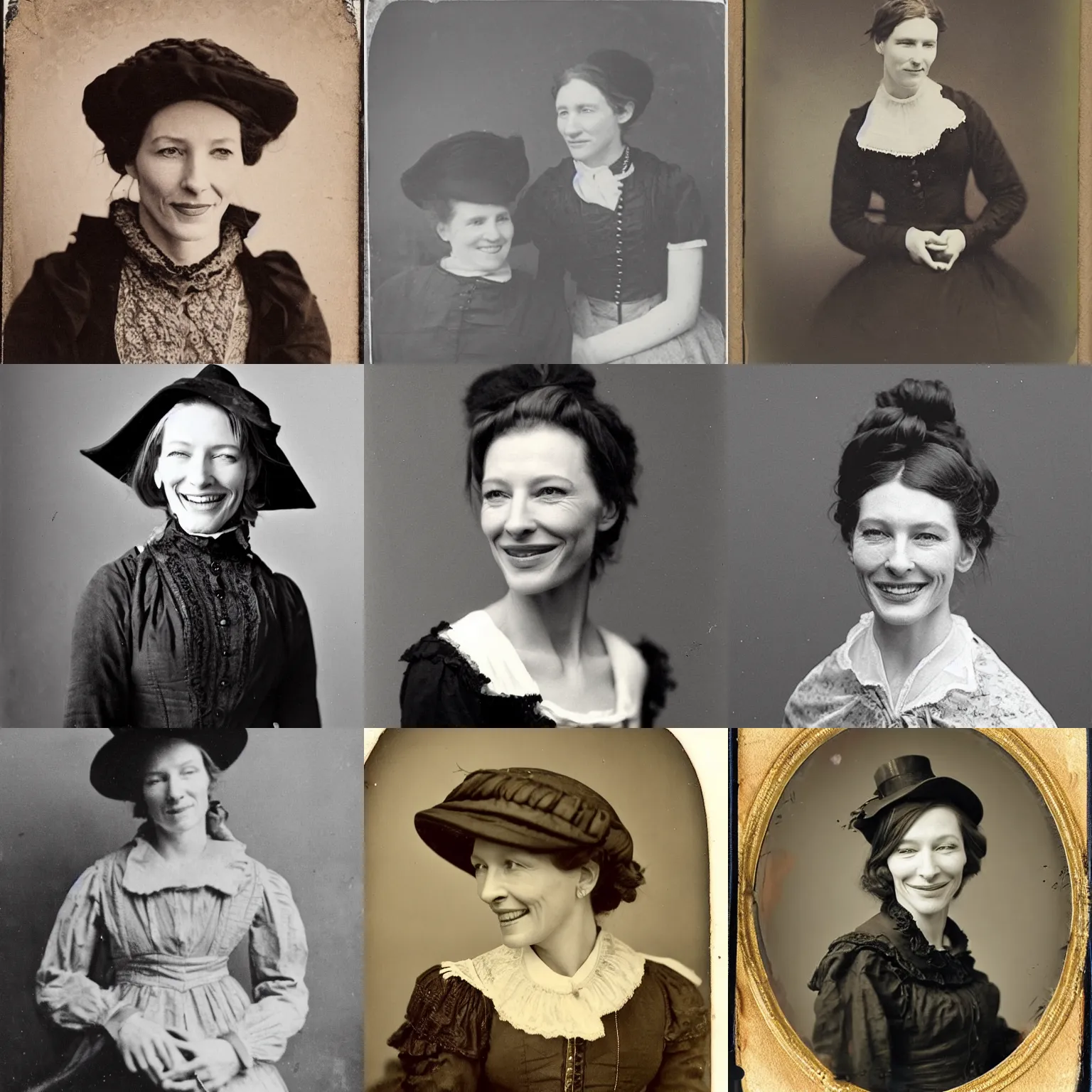 Prompt: mid 1 9 th century, thirtysomethins years old, mischievous!!, smiling cate blanchett with termed kyphosis as an austro - hungarian woman ( with messy bun, brown hair, ( ( ( big!, black hat!! ) ) ) ), daguerreotype by emil rabending