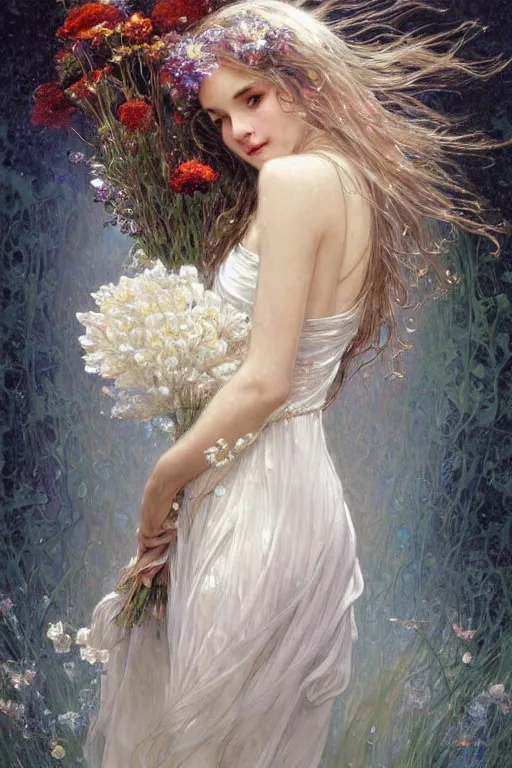 Image similar to portrait of a beautiful woman wearing a white dress, holding a bouquet of flowing flowers, drenched body, silver hair, wet dripping hair, emerging from the water, dark fantasy, regal, fractal crystal, fractal gems, by stanley artgerm lau, thomas kindkade, alphonse mucha, loish, norman rockwell