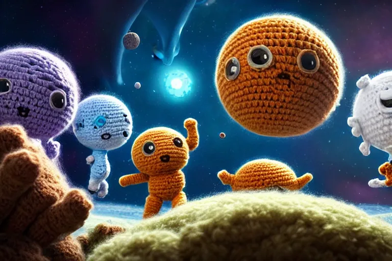 Image similar to an expedition of crochet astronauts discovering a new fluffy planet made out of yarn. cute, illustration, digital art, inspired by little big planet, by greg rutkowski, detailed, sharp, masterpiece, highly detailed, photorealistic, octane render, 8 k, unreal engine 5, trending on artstation