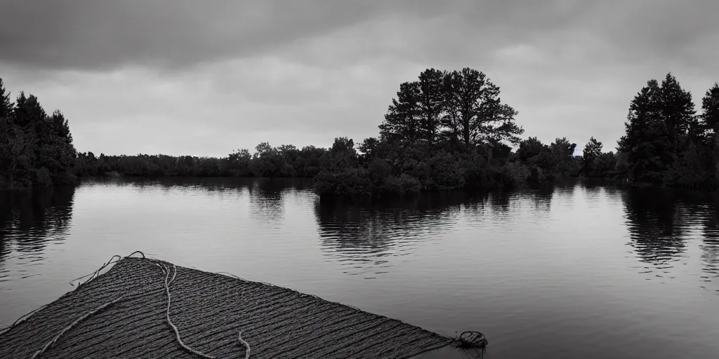 Prompt: a infinitely long rope zig - zagging across the surface of the water into the distance, floating submerged rope stretching out towards the center of the lake, a dark lake on a cloudy day, atmospheric, color film, trees in the background, hyper - detailed photo, anamorphic lens