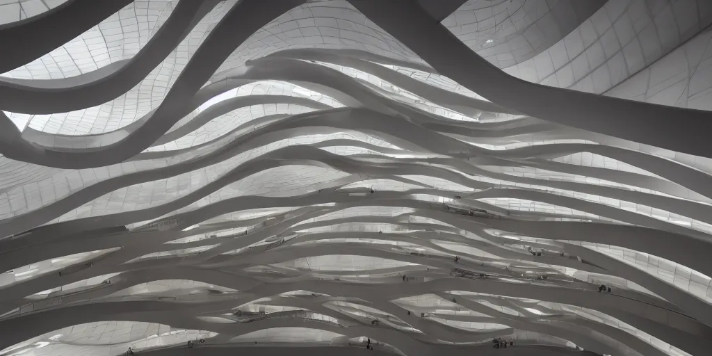 Image similar to smooth curvilinear museum interior, photorealistic, 8 k, cinematic, zaha hadid