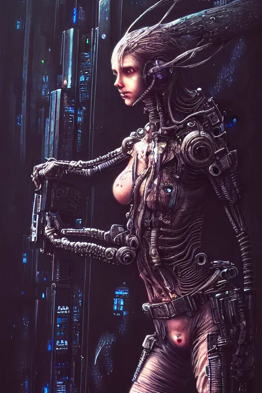 Image similar to a highly detailed long shot photo of cyberpunk female character by ayami kojima, elf, beksinski, giger, elf, rifle, intricate, digital painting, artstation, concept art, smooth, sharp focus, full body