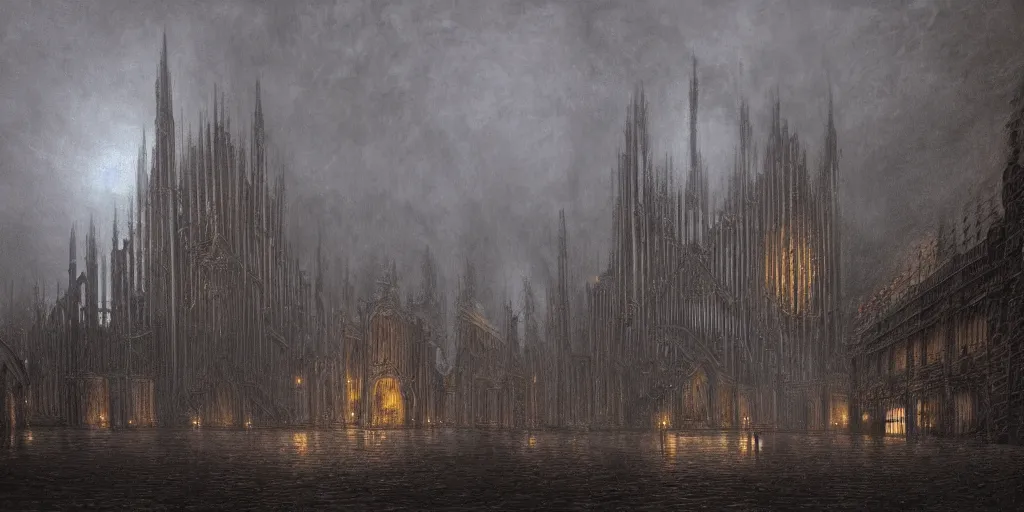 Image similar to A highly detailed matte painting of a twisted pipe organ in a storm at night, fog, rain, volumetric lighting, imax render, 8K resolution, trending on artstation, style of alan lee and john howe