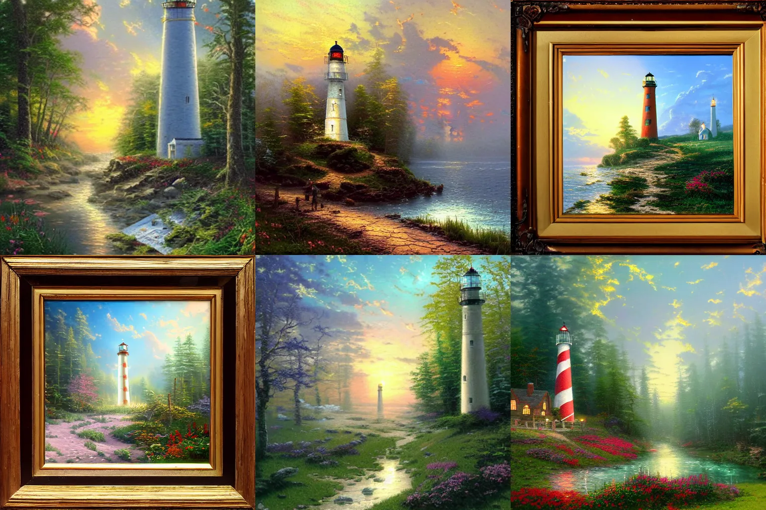 Prompt: thomas kinkade painting of an abandoned lighthouse in the middle of the woods