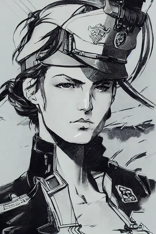 Image similar to beautiful portrait of a female officer wearing a fancy naval uniform, concept art by yoji shinkawa, felt tip pen, intricate detail, sharp focus, illustration