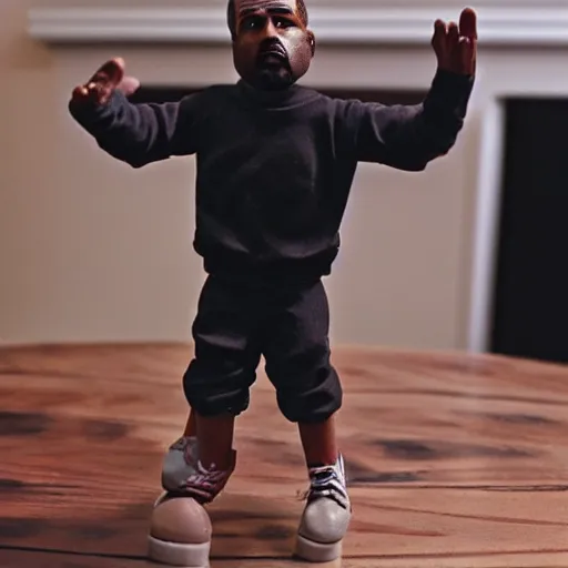 Prompt: mini kanye west dancing on a table