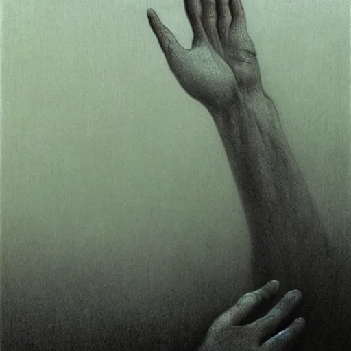 Prompt: thick fog, hand reaching out of ground, zdzislaw beksinski