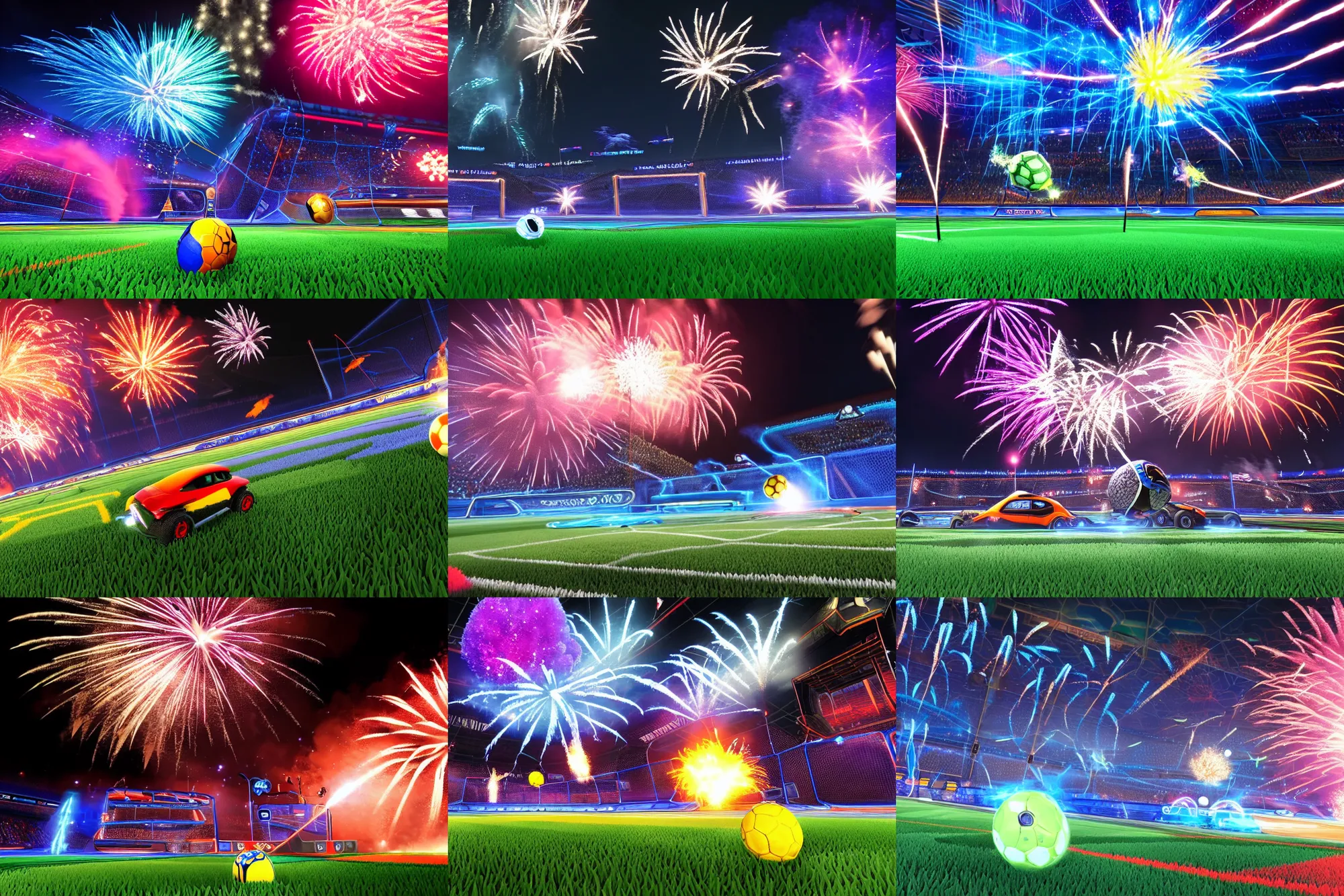 Prompt: rocket league explosion, ball bounce, epic angle, fireworks, 2 0 0 mm