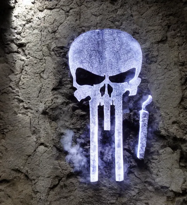 Prompt: punisher symbol carved deeply into stone edifice in the ancient ruins with luminous smoke and light rays.