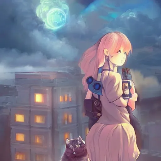 Prompt: nuclear bomb destroying all buildings at the distance, anime girl with her kitty, yumei art, Artstation, pinterest 8k hyper-detailed