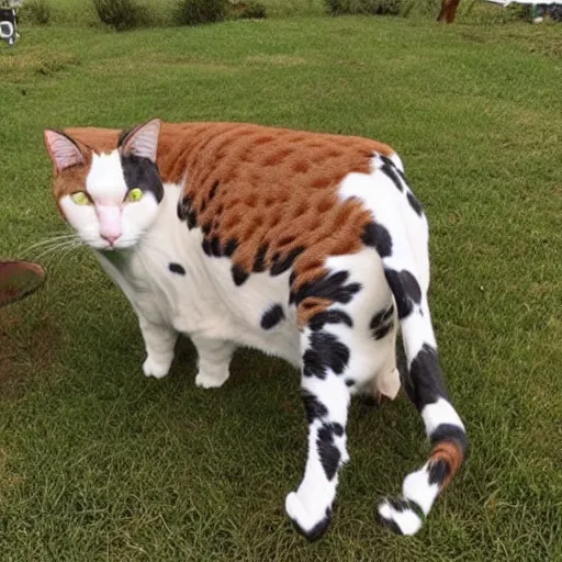 Prompt: a cat that is also a cow, cat cow, fusion between a cow and cat