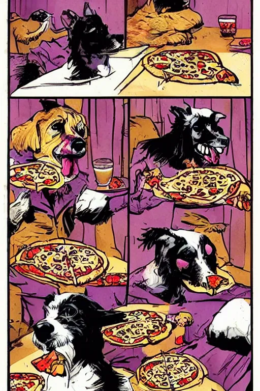 Image similar to happy dogs eating pizza, graphic novel, high contrast, by bill sienkiewicz