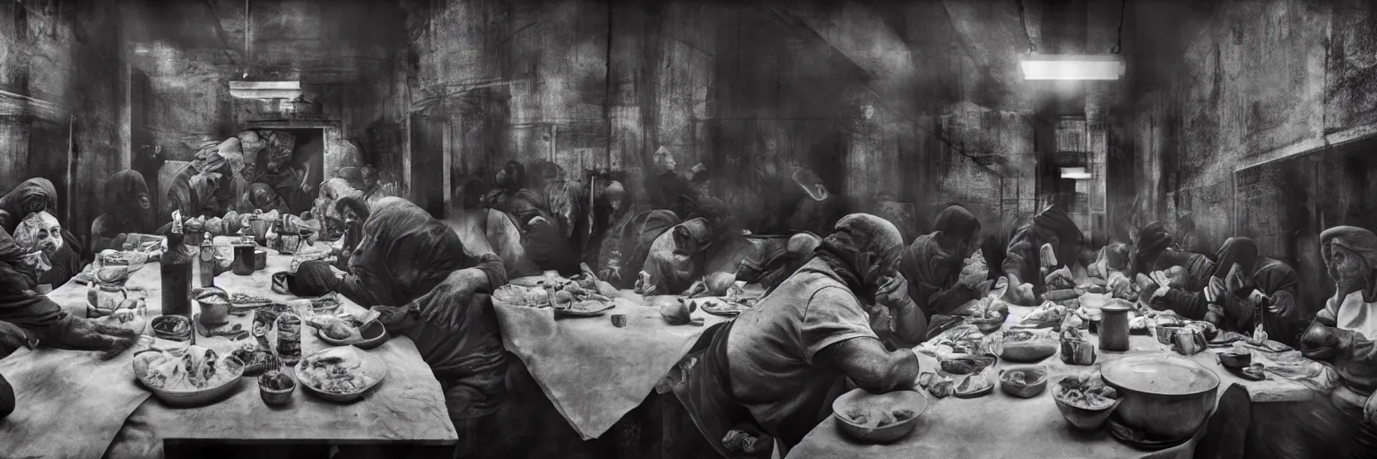 Image similar to Award Winning Editorial wide-angle picture of a Tramps in a new York Soup Kitchen by David Bailey and Lee Jeffries, called 'The Last Supper', 85mm ND 5, perfect lighting, gelatin silver process