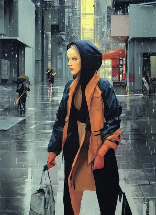 Prompt: a realistic portrait of a beautiful woman wearing a plastic hoodie in a dystopian city, raining by syd mead