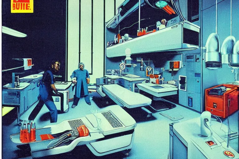 Image similar to 1979 OMNI Magazine Cover of a denture lab. in cyberpunk style by Vincent Di Fate