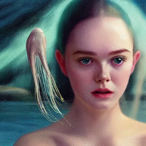 Elle Fanning swimming with jellyfish in the style of | Stable Diffusion ...