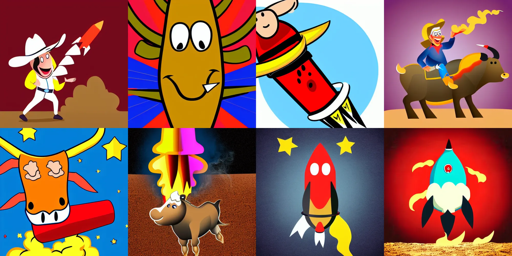 Prompt: a cartoon bull riding a rocket there there is a trail of smoke coming from the rocket the bull has twisted smile, cell shaded, flat lighting, drop shadows