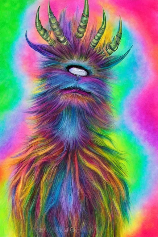 Prompt: a multicolored furry monster with a fuzzy horns, a character portrait by jim henson, behance contest winner, psychedelic art, behance hd, irridescent, colorful, centered, matte background