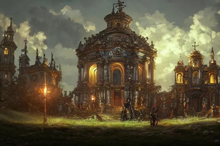 Prompt: a mobile driving ornate baroque church mounted on chain drive, warhammer 4 0, scene in an open field. key visual, conceptart, ambient lighting, highly detailed, digital painting, artstation, concept art, sharp focus, by makoto shinkai and akihiko yoshida and kris kuksi