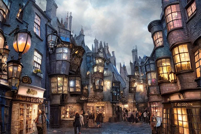 Prompt: the most amazing dream you ever had about diagon alley, hyper realistic, ambient lighting, concept art, intricate, hyper detailed, smooth, volumetric lighting, octane