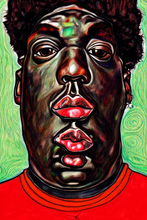 Image similar to a portrait of biggie small in style of egon schiele, masterpiece, hyperdetailed, complex, intricate, 4 k, trending on artstation