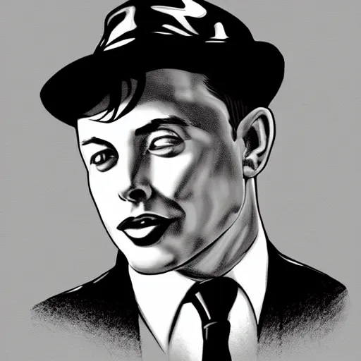 Image similar to a glamorous black and white portrait of elon musk with a hat, in the style of george hurrell