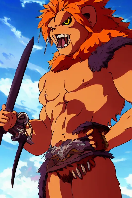 Prompt: muscular lion barbarian wearing a holding a sword, fursona, anthro, male, anime key visual, detailed orange fur, loincloth, makoto shinkai, portrait