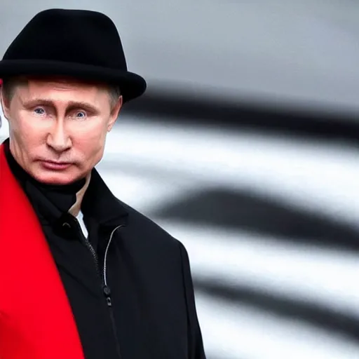 Image similar to putin wearing a black leather hat, facing the camera, cool looking