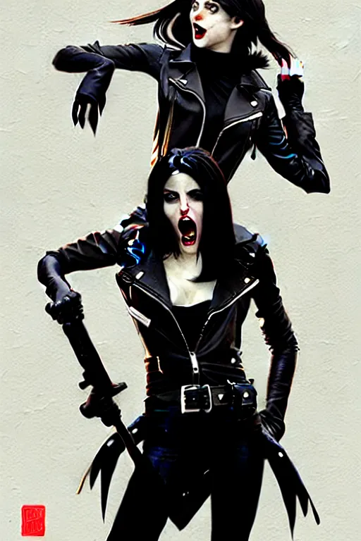 Image similar to rafael albuquerque comic art, peter mohrbacher, phil noto, steve niles, artgerm, pretty willa holland vampire sharp vampire teeth open mouth, symmetrical eyes, black leather jacket, jeans, long black hair