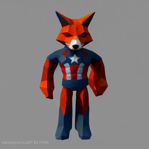 Prompt: low poly render of a fox themed captain america