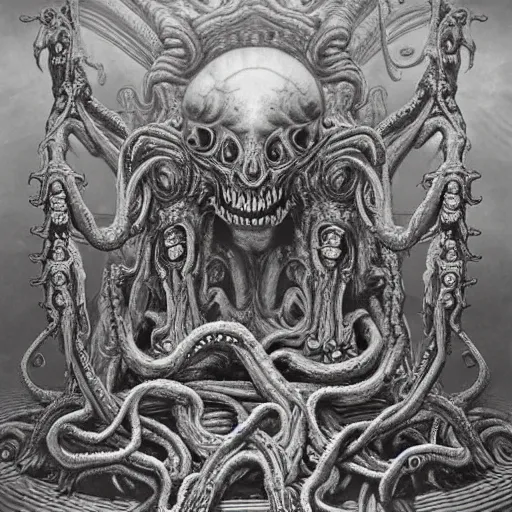 Image similar to monstrous and twisted altar with a statue to a many eyeballs, pustule, boil, veiny and four armed cthulhu statue, flayed skulls, slimy tentacles twisting in lotus position. in the style of hr giger and zdzisław beksinski and frank frazetta. golden hour. biomechanical oil painting horror gothic hyperrealistic detail