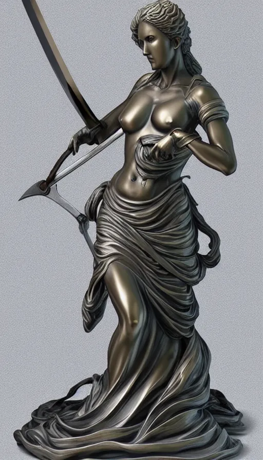 Image similar to a statue of a woman holding a sword, a marble sculpture by ayami kojima, cgsociety, les automatistes, made of plastic, made of liquid metal, marble sculpture