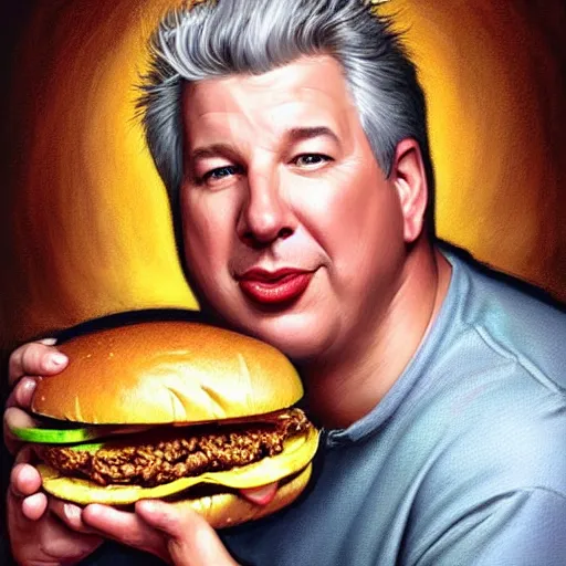 Prompt: portrait of a Marc Summers eating a hamburger, extra onions and ketchup, luscious patty with sesame seeds, masculine, handsome, D&D, fantasy, intricate, elegant, highly detailed, digital painting, artstation, concept art, matte, sharp focus, illustration, art by Artgerm and Greg Rutkowski and Alphonse Mucha