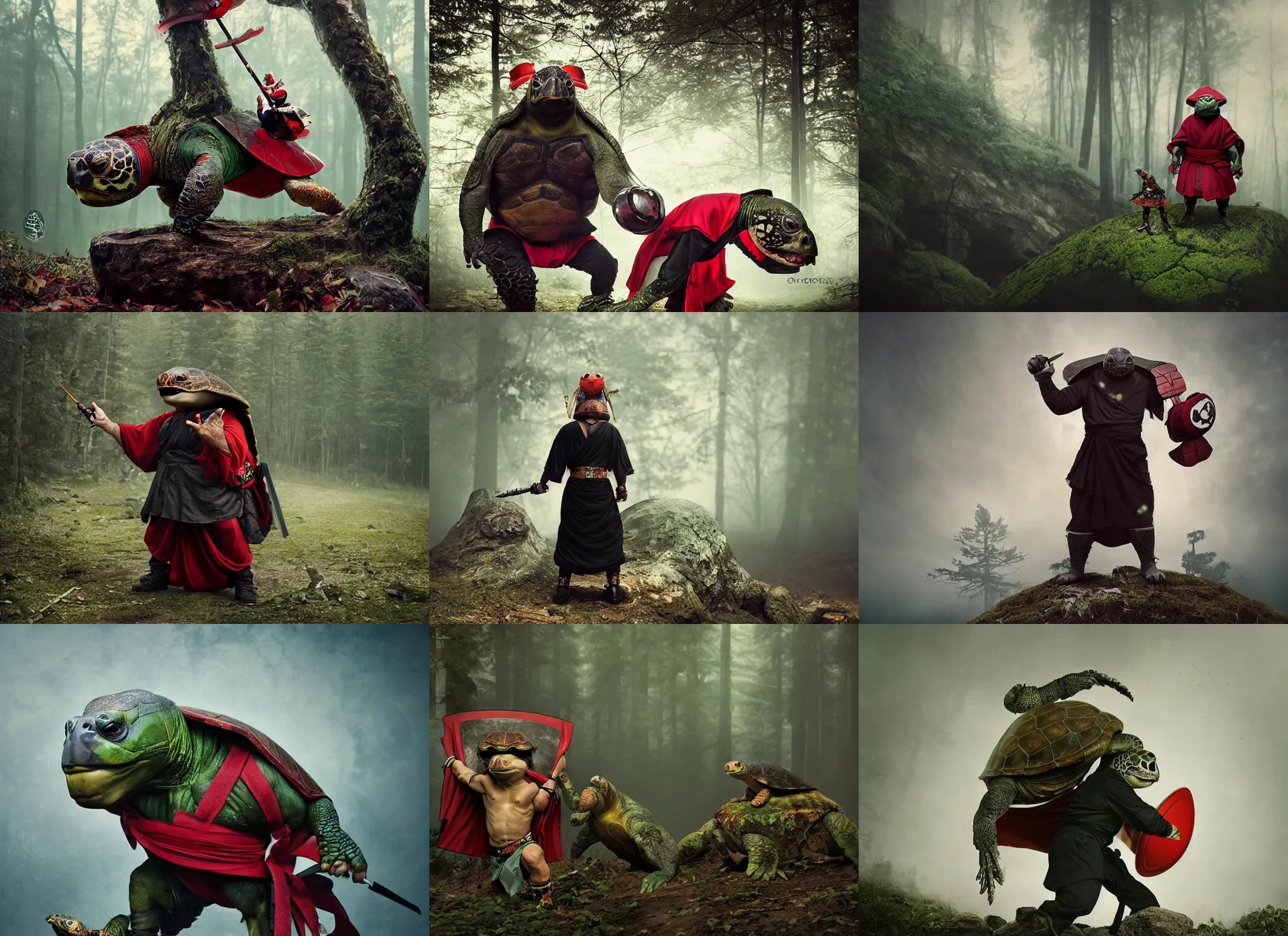 Prompt: a badass turtle fighter oversized hulked animal anthropomorphic with red headband, wearing black hakama and a shield made out of a turtle shell, on deep forest peak, cinematic focus, polaroid photo, vintage, soft lights, foggy, by oleg oprisco, by thomas peschak, by discovery channel, by victor enrich, by gregory crewdson