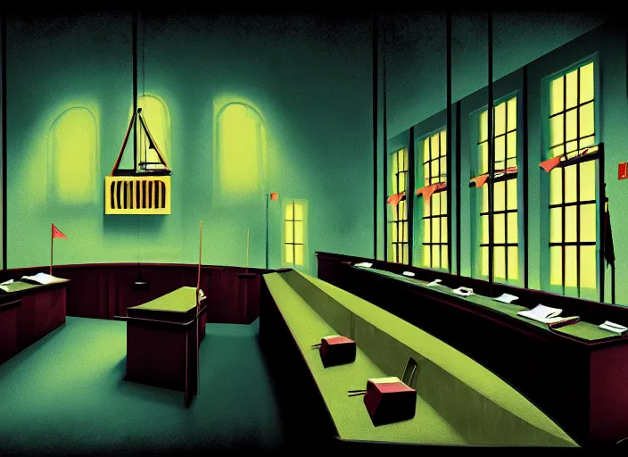 Image similar to editorial illustration by Karolis Strautniekas and Mads Berg, colorful, courtroom the bench,trial, fine texture,detailed, matte colors,film noir, dramatic lighting, dynamic composition,moody, vivid,voumetric