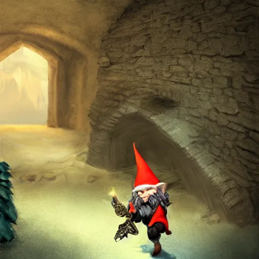 Prompt: a detailed matte painting of a gnome ambush on a unsuspecting elf, hyperrealism, dynamic lighting