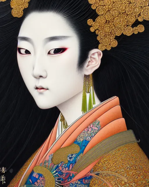 Prompt: portrait of a beautiful japanese goddess, unusual beauty, esoteric, muted colors, head in focus, fantasy art, ornamental aesthetics intricate, elegant, highly detailed, uhd, hyperrealistic painting, artstation, concept art, painterly, sharp focus, illustration, art by chie yoshii