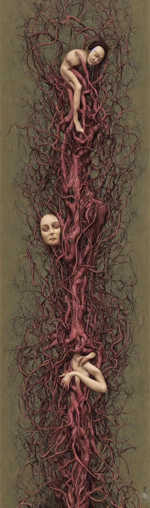 Prompt: She Eats of the Strangling Fruit shrouded in curtains of moire glistening roots while Her polyp blossoms bring iridescent fungal flowers whose spores black the foolish stars Edward Hopper and James Gilleard, Zdzislaw Beksinski, Mark Ryden, Wolfgang Lettl highly detailed