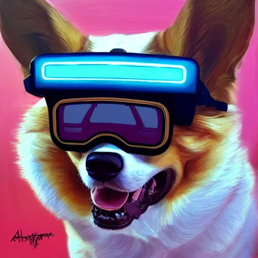 Prompt: a painting of a happy corgi wearing a cyberpunk augmented reality visor by artgerm, highly detailed, oil on canvas