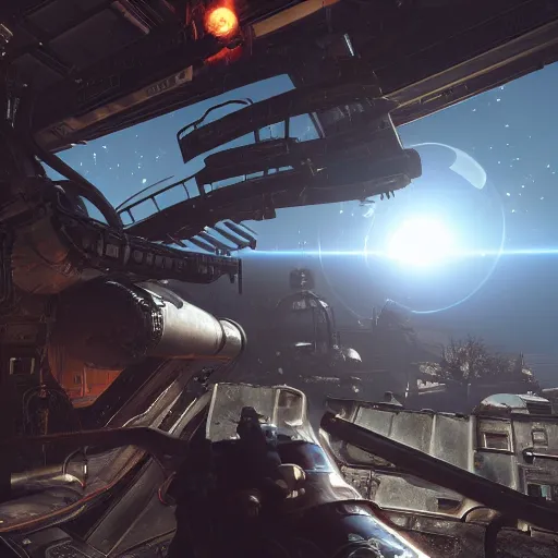 Image similar to fallout 4 in space, space station, stars, high res, raytracing, unreal engine