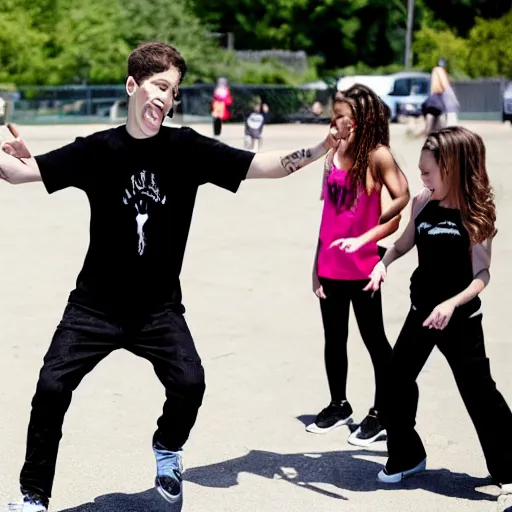 Image similar to pete davidson playing jump rope with a bunch of small girls, cheering him on, pete davidson is wearing all black